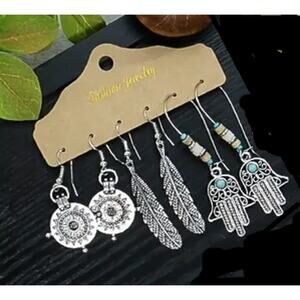 NEW Set of 3 Boho Western Silver Dangle Earrings – turquoise jewelry, Hamsa